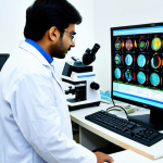 Nanomedicine Research Lab**

"A brightly lit research laboratory with scientists in modest lab coats working with advanced equipment, beakers, and microscopes. Focus on researching nanoparticle drug delivery systems. Urdu text on a monitor in the background: 'Nanomedicine for a Healthier Pakistan'. Safe for work, appropriate content, fully clothed, professional, perfect anatomy, natural proportions, high quality."

**