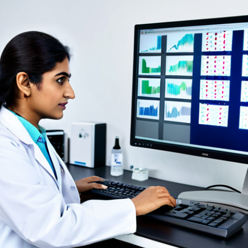 Home 9 Genetic Editing and Healthcare**
"A professional female Pakistani doctor in a modest lab coat, examining a DNA sequence on a computer screen in a modern, high-tech laboratory, fully clothed, appropriate attire, safe for work, perfect anatomy, correct proportions, professional medical environment, soft lighting, family-friendly."
**