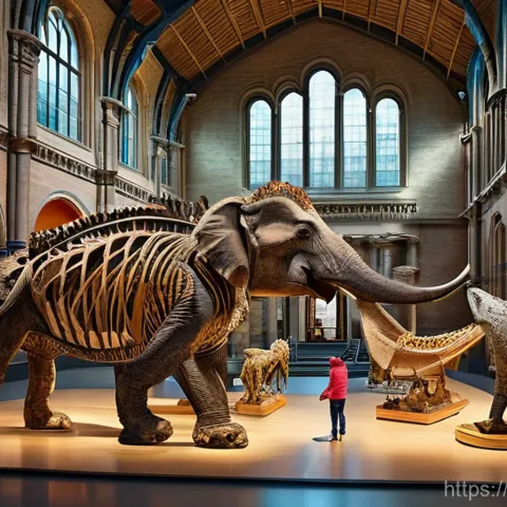 자연사 박물관과 생명과학 - **"A vibrant, engaging scene inside a natural history museum, filled with diverse children aged 8-