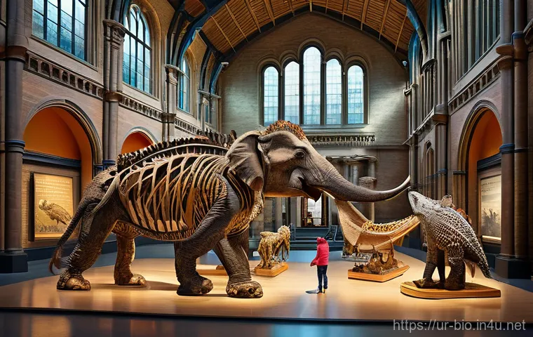 자연사 박물관과 생명과학 - **"A vibrant, engaging scene inside a natural history museum, filled with diverse children aged 8-