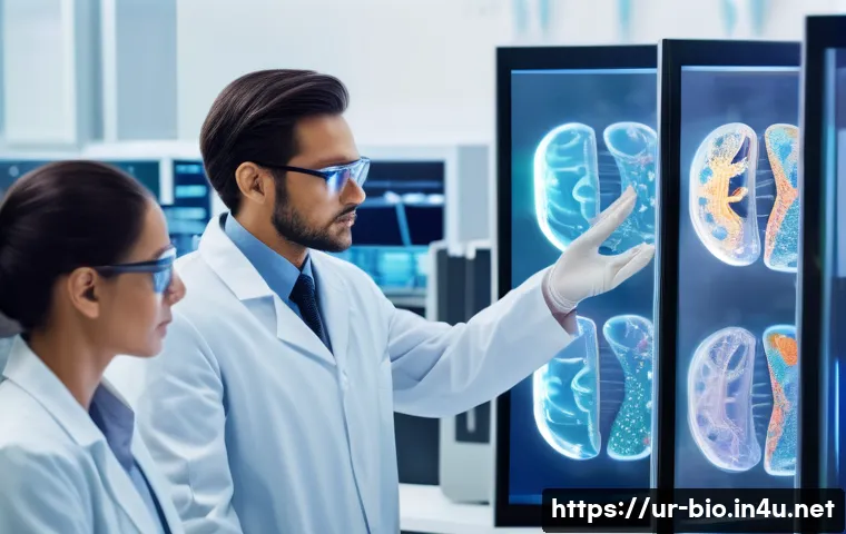 동물실험과 대체 기술 - A modern laboratory scene showing a diverse team of scientists working with advanced computer models...