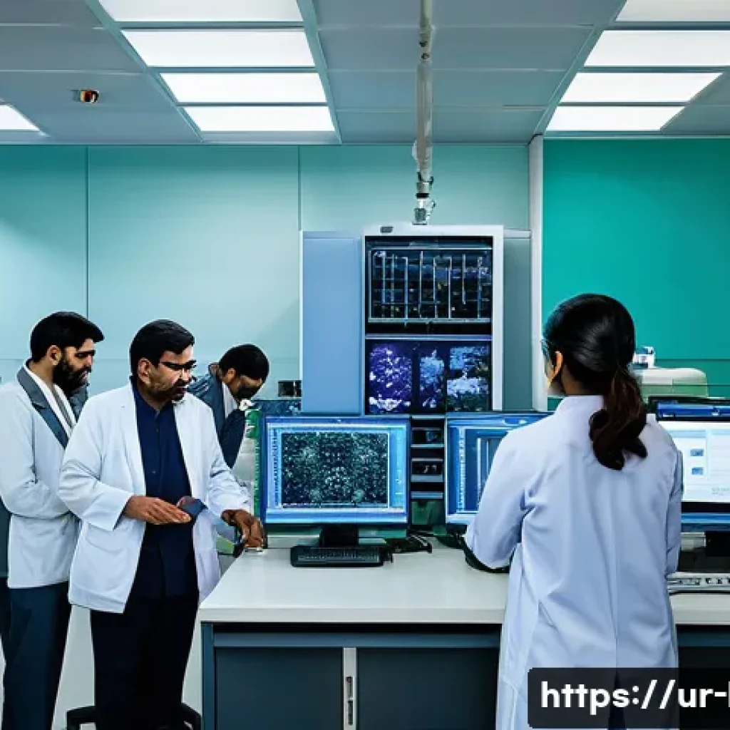 노벨 생리의학상 연구 - A modern research laboratory scene in Pakistan featuring Nobel Prize-winning scientists from diverse...