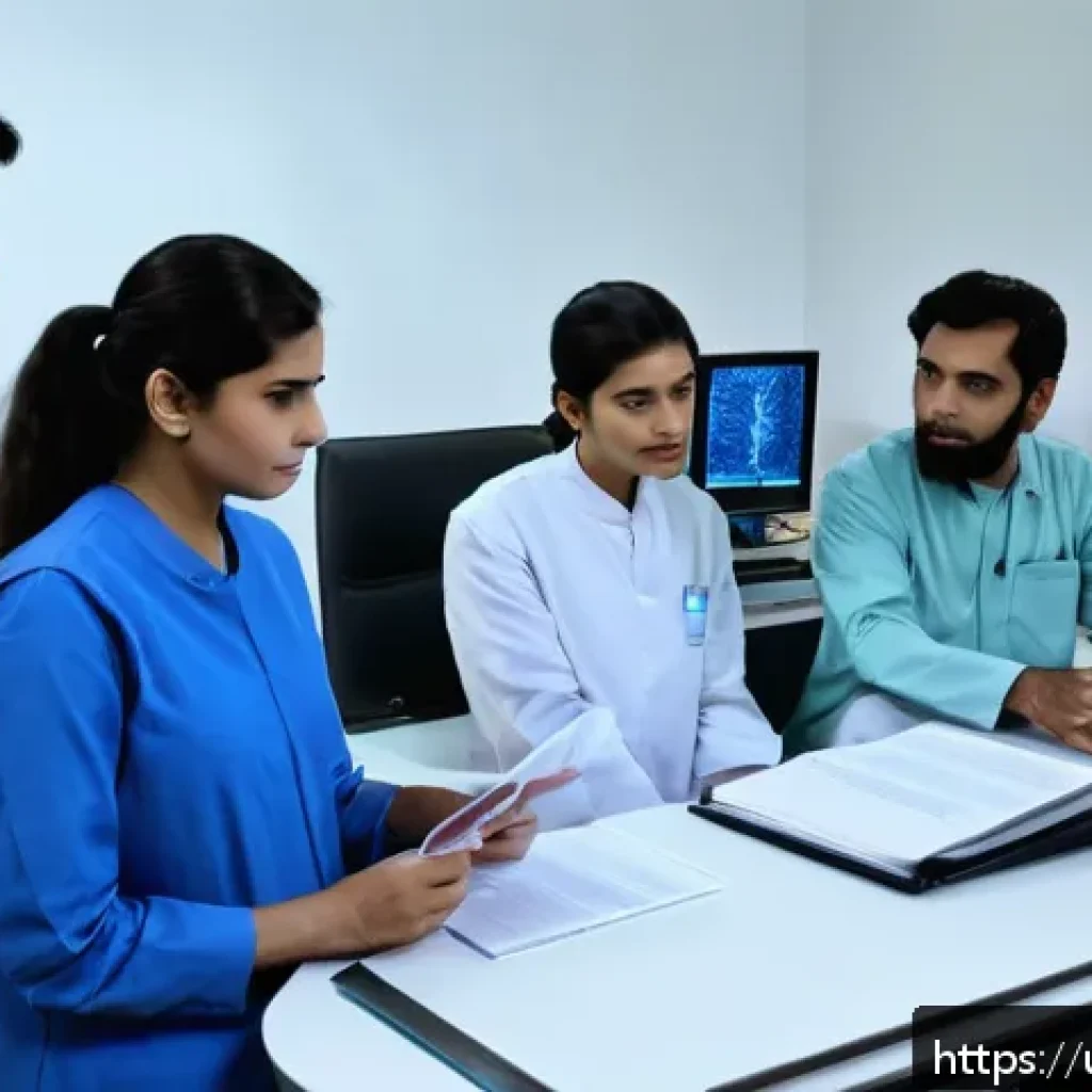 의료 생명과학 윤리 - A modern medical research laboratory scene in Pakistan featuring a diverse group of scientists and h...