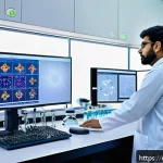 Home 18 AI 기반 신약 개발 - A high-tech pharmaceutical laboratory in Pakistan, featuring diverse scientists wearing traditional ...