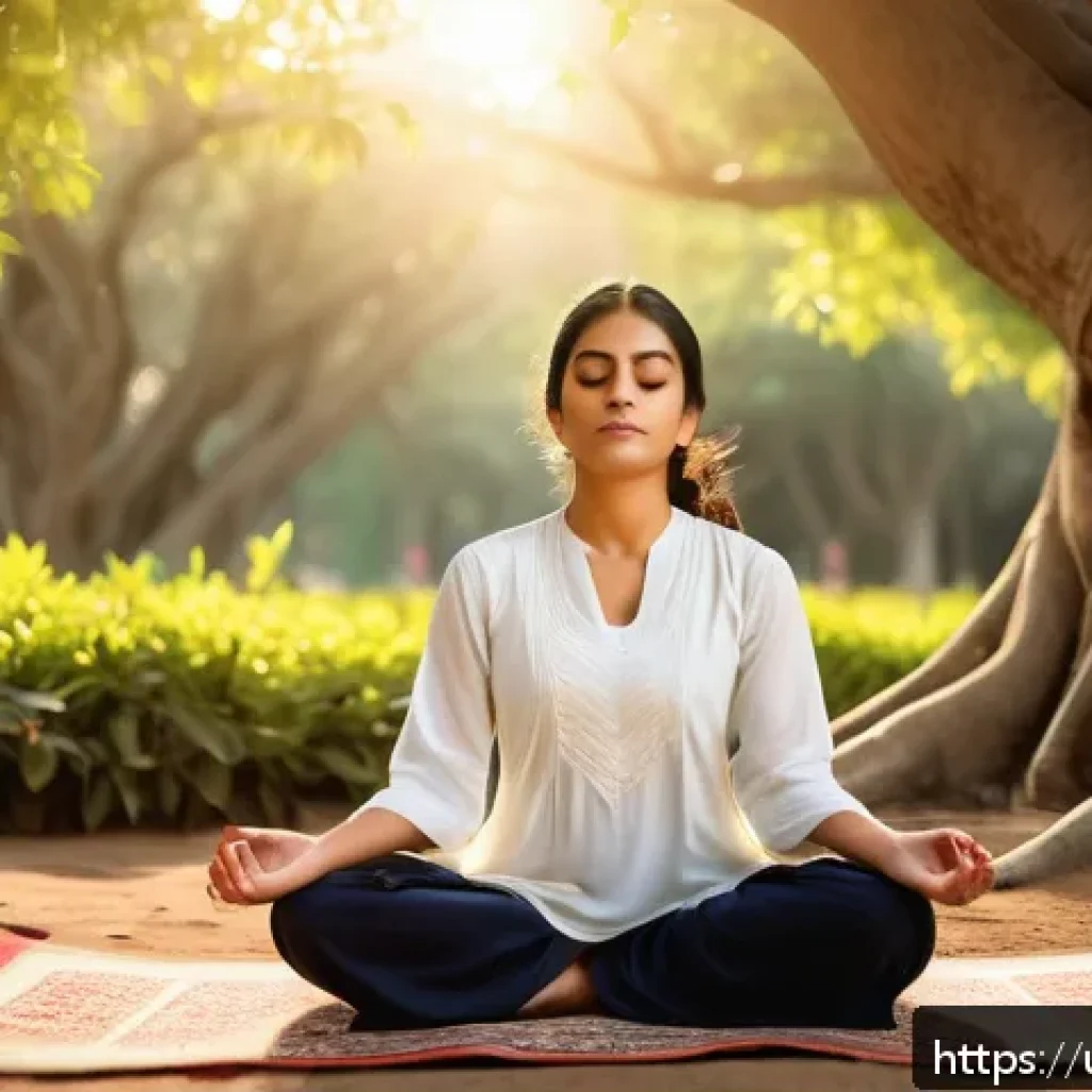호흡과 에너지 대사 - A serene outdoor scene depicting a young South Asian woman practicing deep breathing exercises in tr...