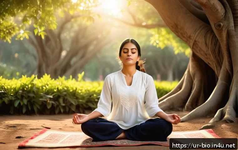 호흡과 에너지 대사 - A serene outdoor scene depicting a young South Asian woman practicing deep breathing exercises in tr...